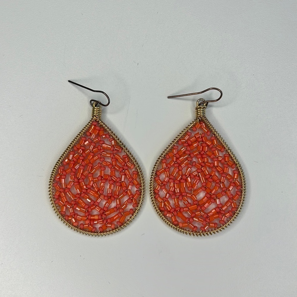 Boho Chic‎ Gold Teardrop Earrings with Vibrant Orange Beads